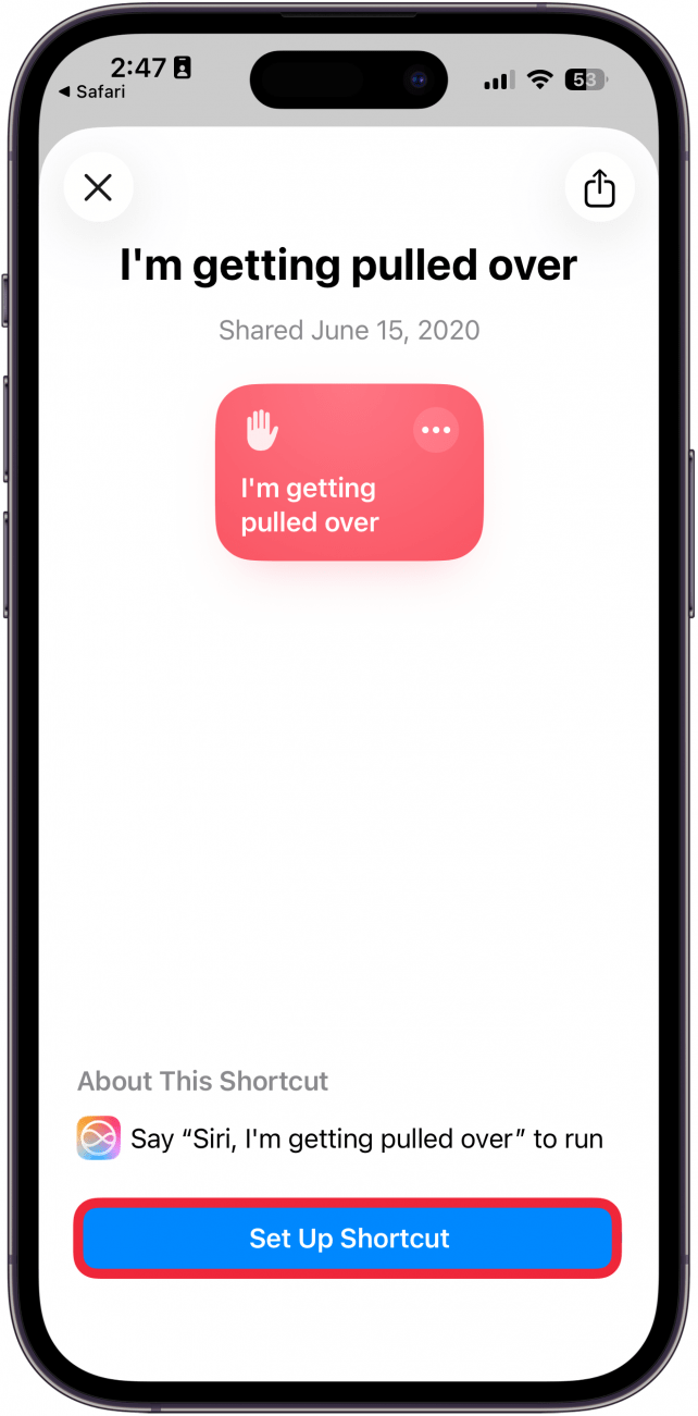 a screenshot of the shortcuts app on iphone displaying the shortuct "i'm getting pulled over"