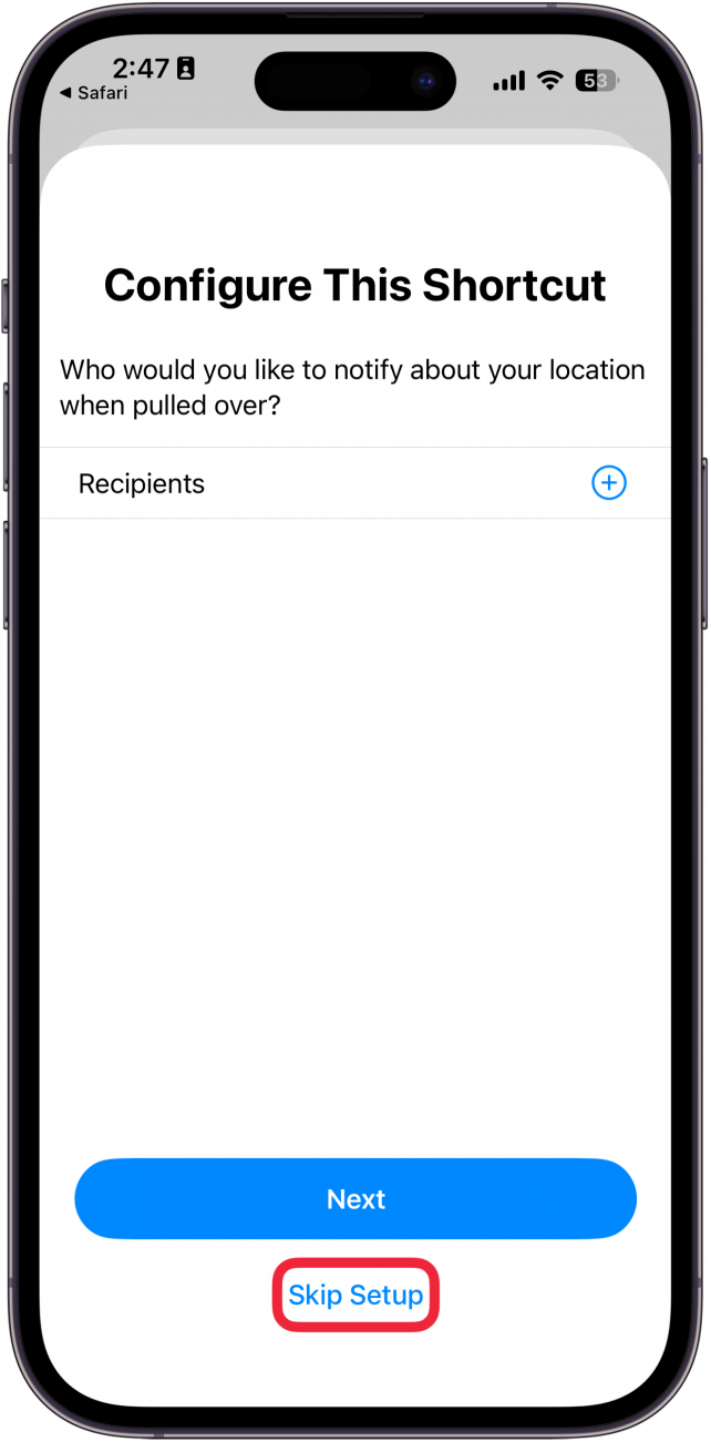 a screenshot of the shortcuts set up screen with a red box around skip setup