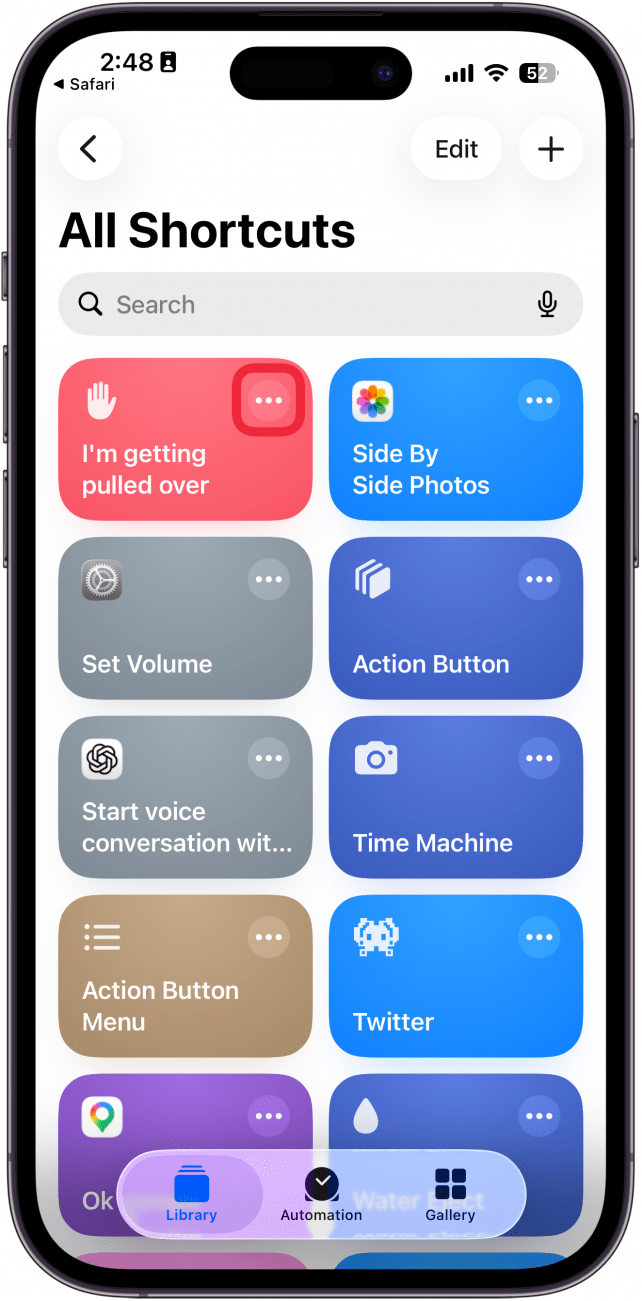 a screenshot of the shortcuts app with a red box around the three dots next to the "I'm getting pulled over" shortcut