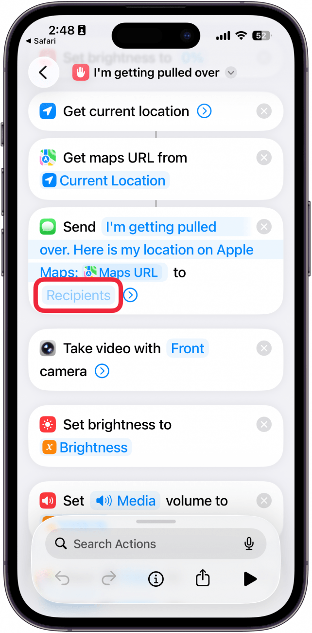 a screenshot of the shortcuts app displaying the details for the "i'm getting pulled over" shortcut with a red box around recipients