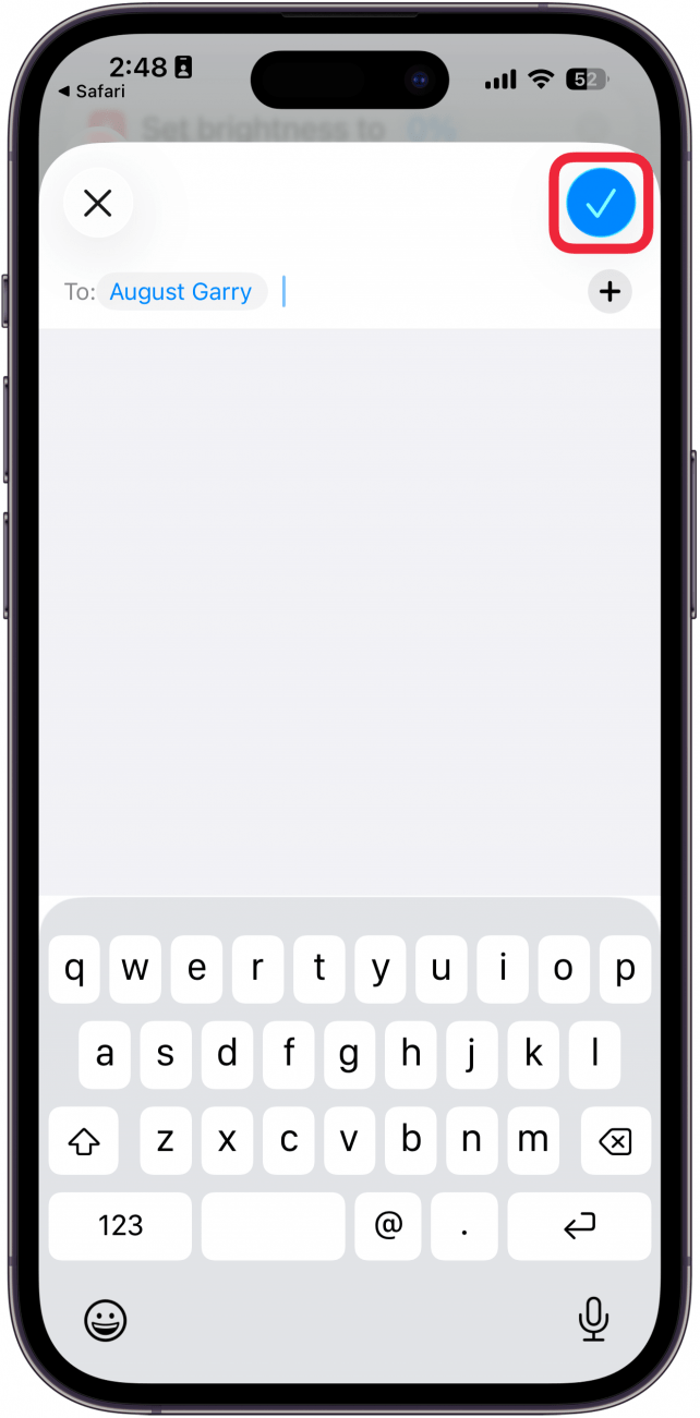 a screenshot of the contact select screen with a red box around the checkmark icon