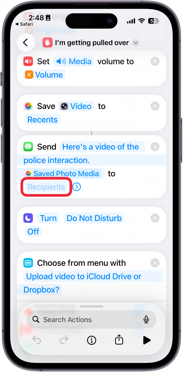 a screenshot of the shortcuts app displaying the details for the "i'm getting pulled over" shortcut with a red box around recipients