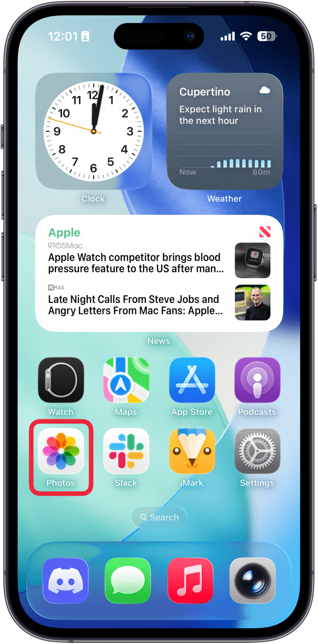 a screenshot of the iphone home screen with a red box around the photos app