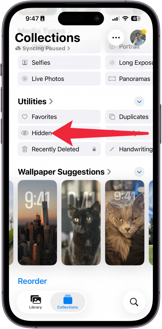 a screenshot of the collections tab in the photos app with a red arrow pointing to the left under the utilities section, indicating to swipe left