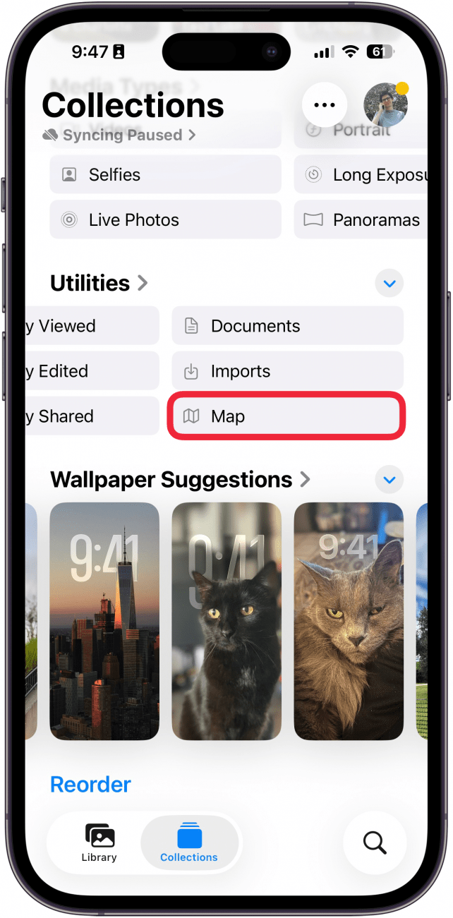 a screenshot of the collections tab in the photos app with a red box around the map button