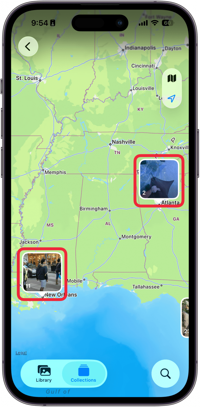 a screenshot of the map in the photos app displaying photos in different locations