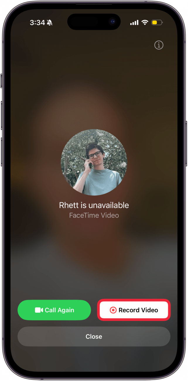 a screenshot of the facetime app displaying a missed call screen