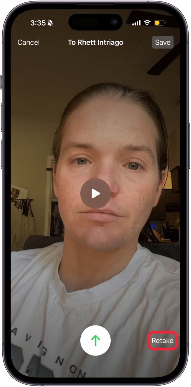 a screenshot of the facetime app displaying the facetime video message screen with a red box around the retake button