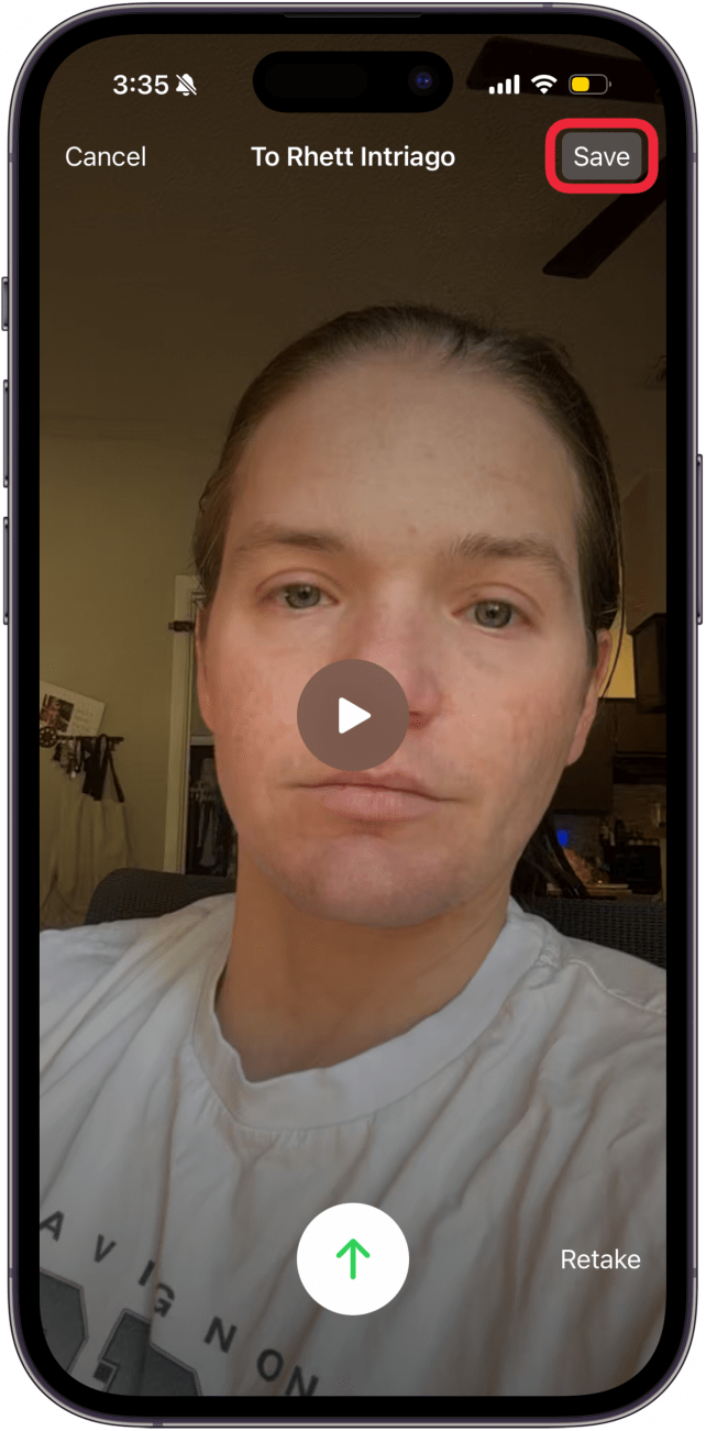 a screenshot of the facetime app displaying the facetime video message screen with a red box around the save button