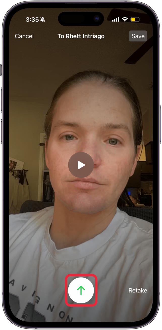 a screenshot of the facetime app displaying the facetime video message screen with a red box around the send button