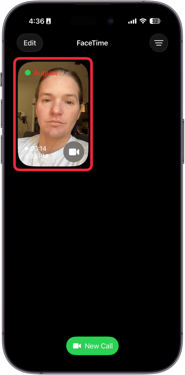 a screenshot of the facetime app with a red box around a missed call