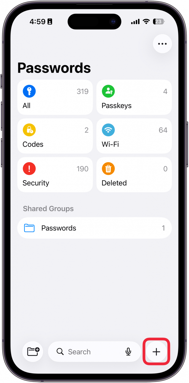 a screenshot of the iphone passwords app with a red box around plus icon