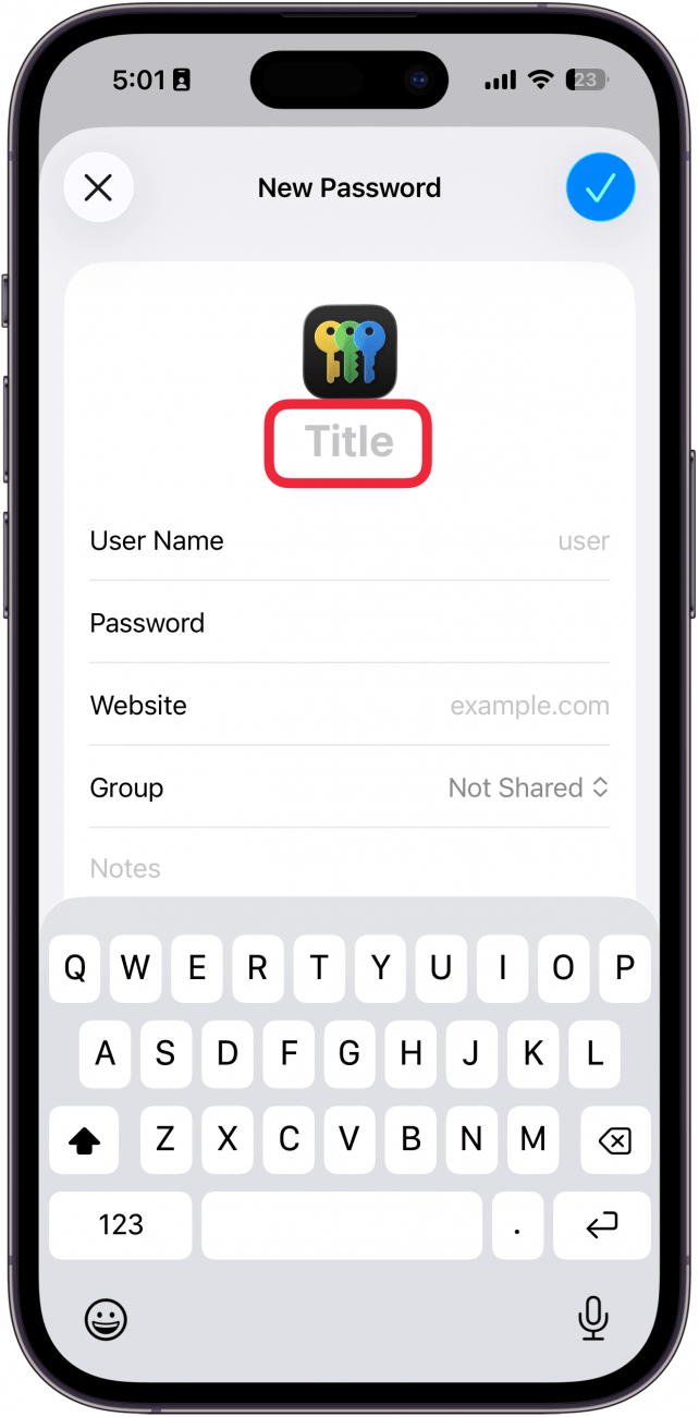 a screenshot of the iphone passwords app add password screen with a red box around title entry field