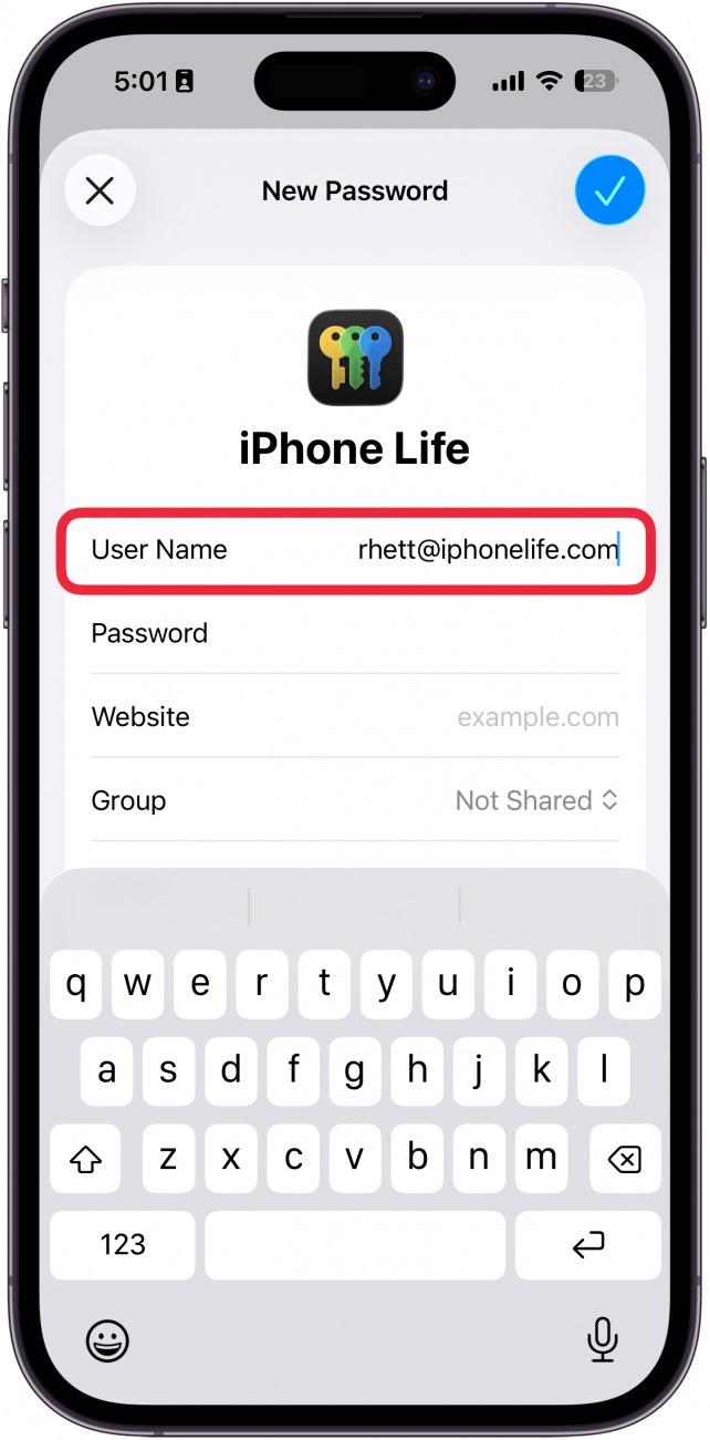a screenshot of the iphone passwords app add password screen with a red box around username entry field