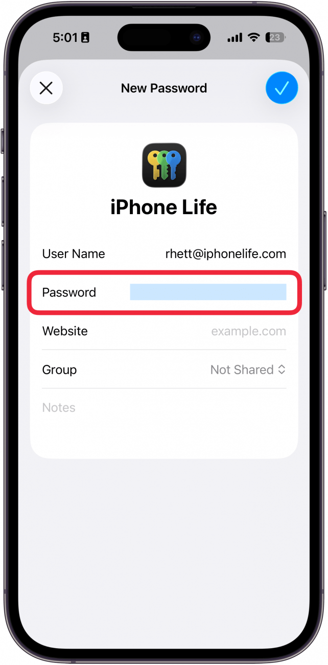a screenshot of the iphone passwords app add password screen with a red box around password entry field