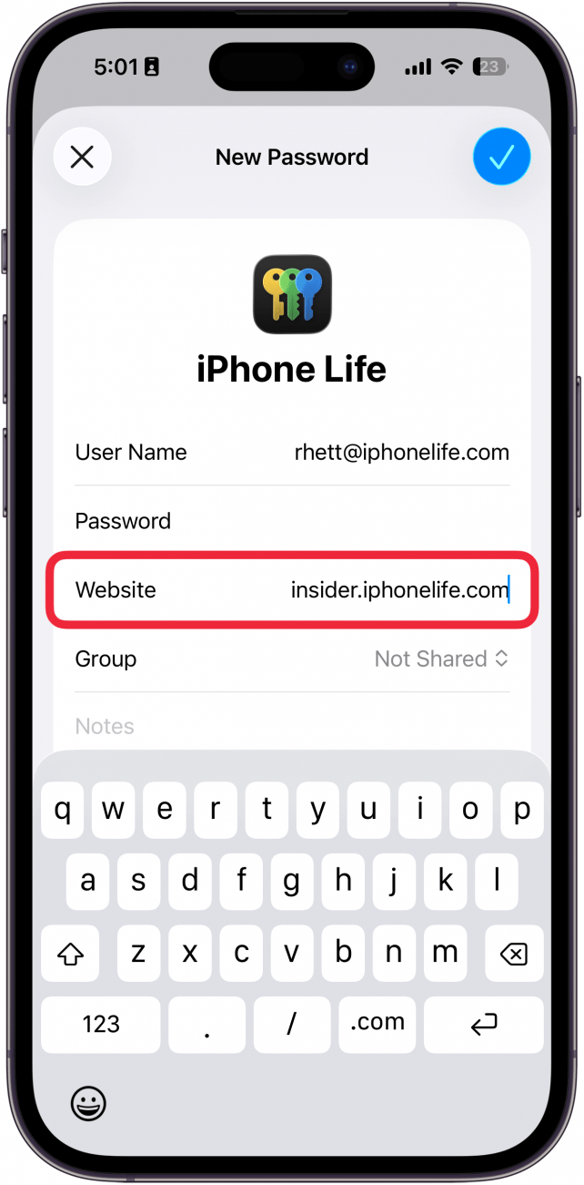 a screenshot of the iphone passwords app add password screen with a red box around website entry field