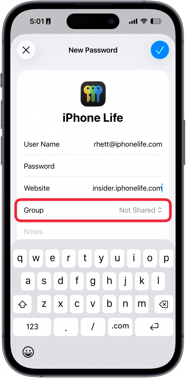 a screenshot of the iphone passwords app add password screen with a red box around group entry field