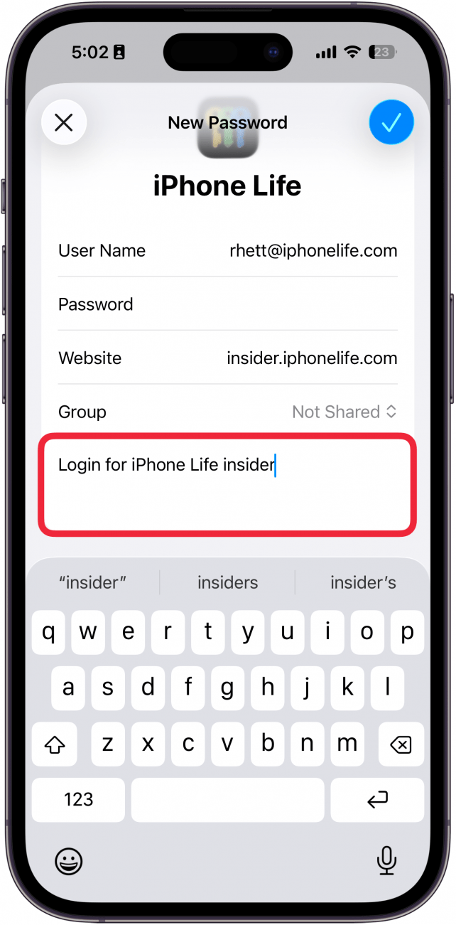 a screenshot of the iphone passwords app add password screen with a red box around notes entry field