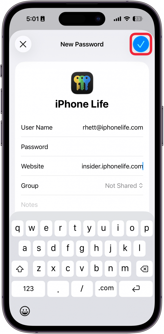 a screenshot of the iphone passwords app add password screen with a red box around checkmark icon