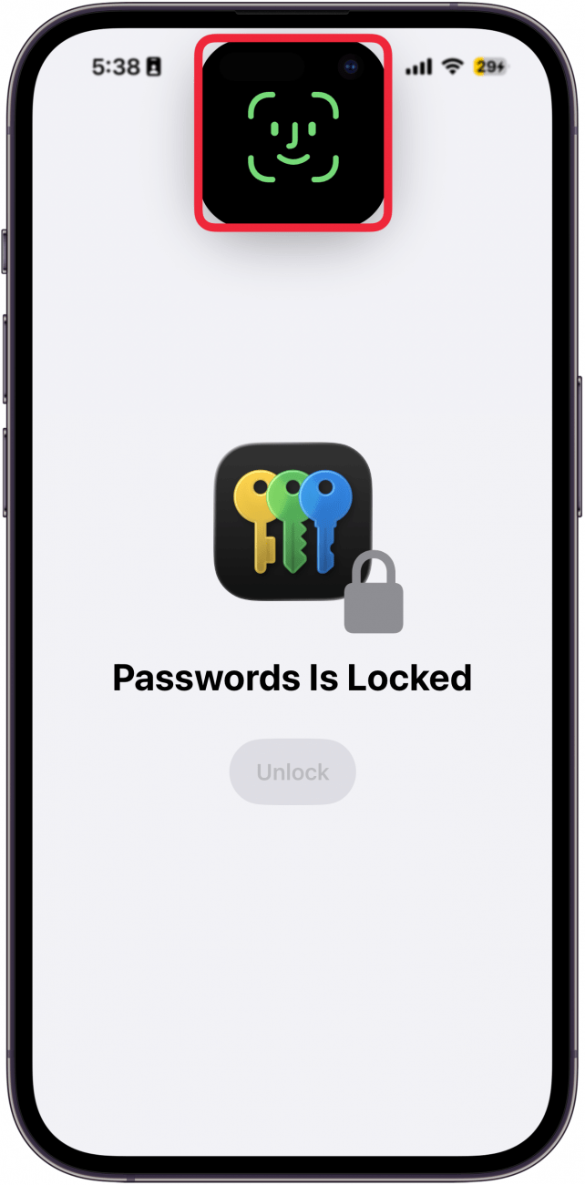 a screenshot of the iphone passwords app with a red box around face id indicator