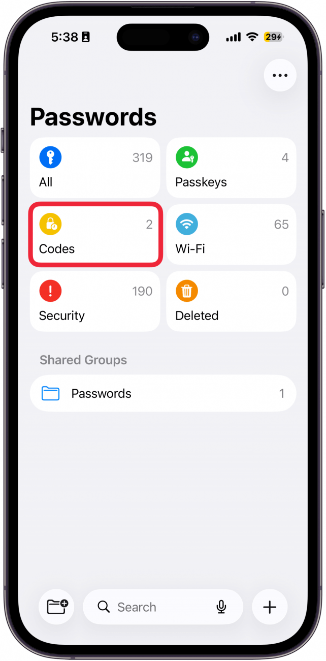 a screenshot of the iphone passwords app with a red box around codes