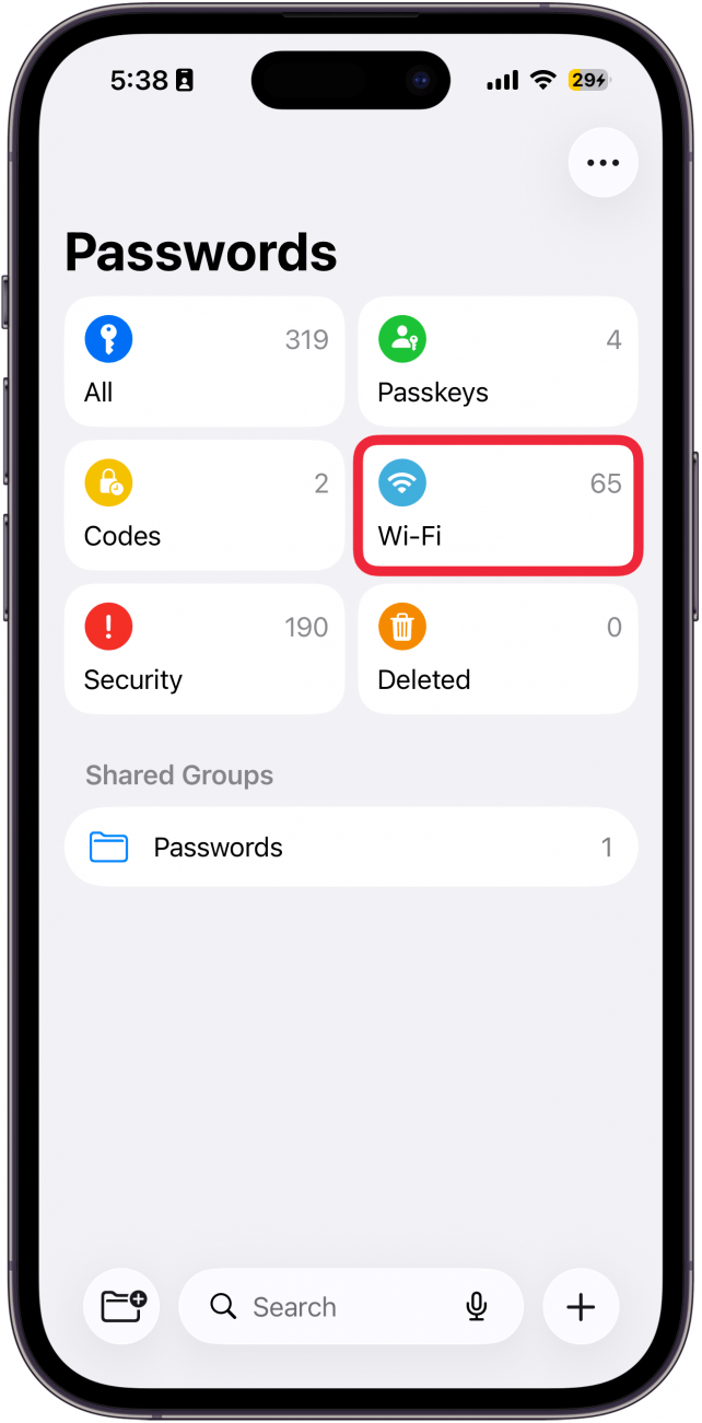 a screenshot of the iphone passwords app with a red box around wi-fi