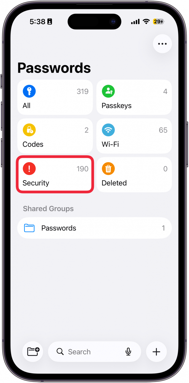 a screenshot of the iphone passwords app with a red box around security