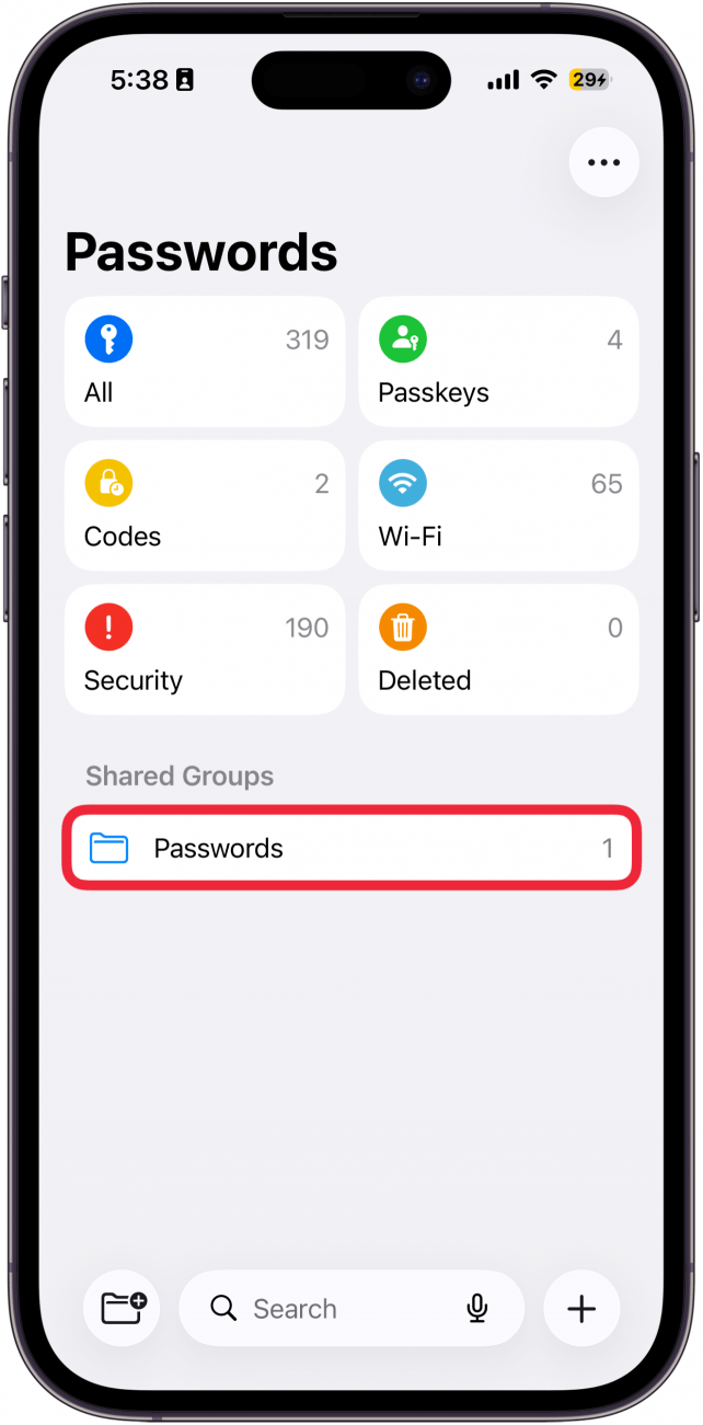 a screenshot of the iphone passwords app with a red box around shared password group