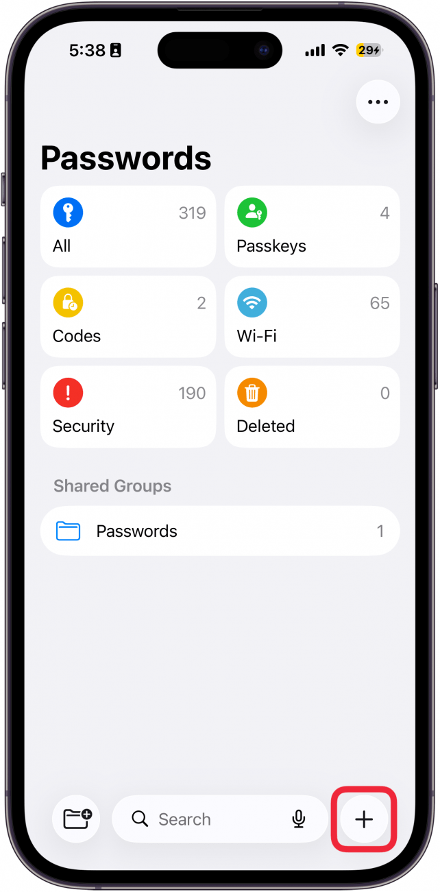 a screenshot of the iphone passwords app with a red box around new password button (plus icon)