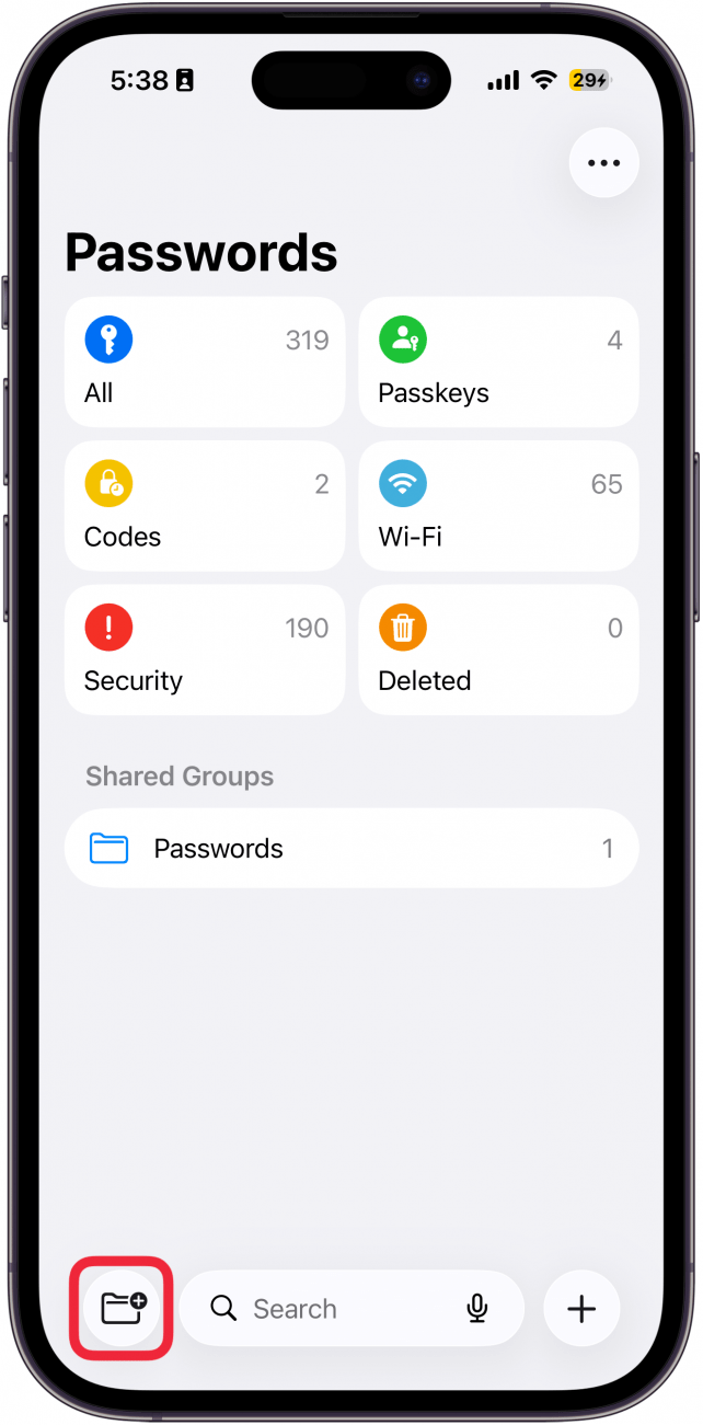 a screenshot of the iphone passwords app with a red box around new shared group button