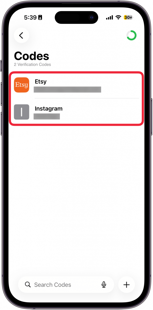 a screenshot of the iphone passwords app codes screen with a red box around two accounts with passkeys