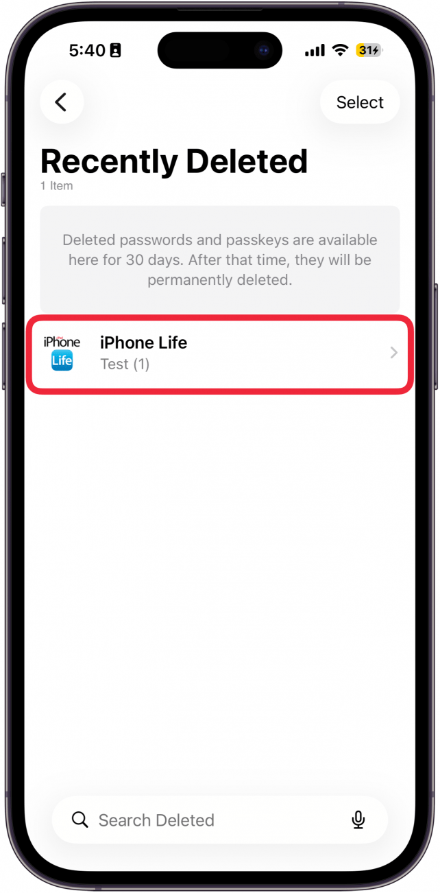 a screenshot of the iphone passwords app deleted passwords folder with a red box around a deleted password