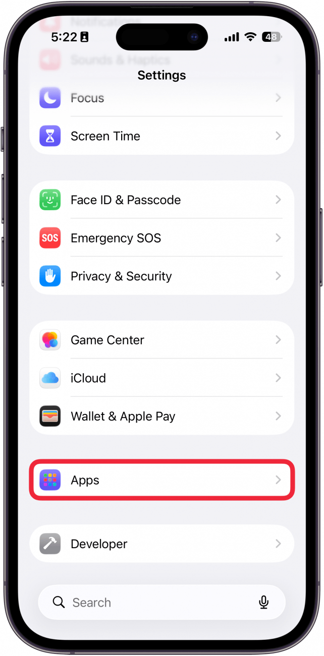 a screenshot of iphone settings app with a red box around apps