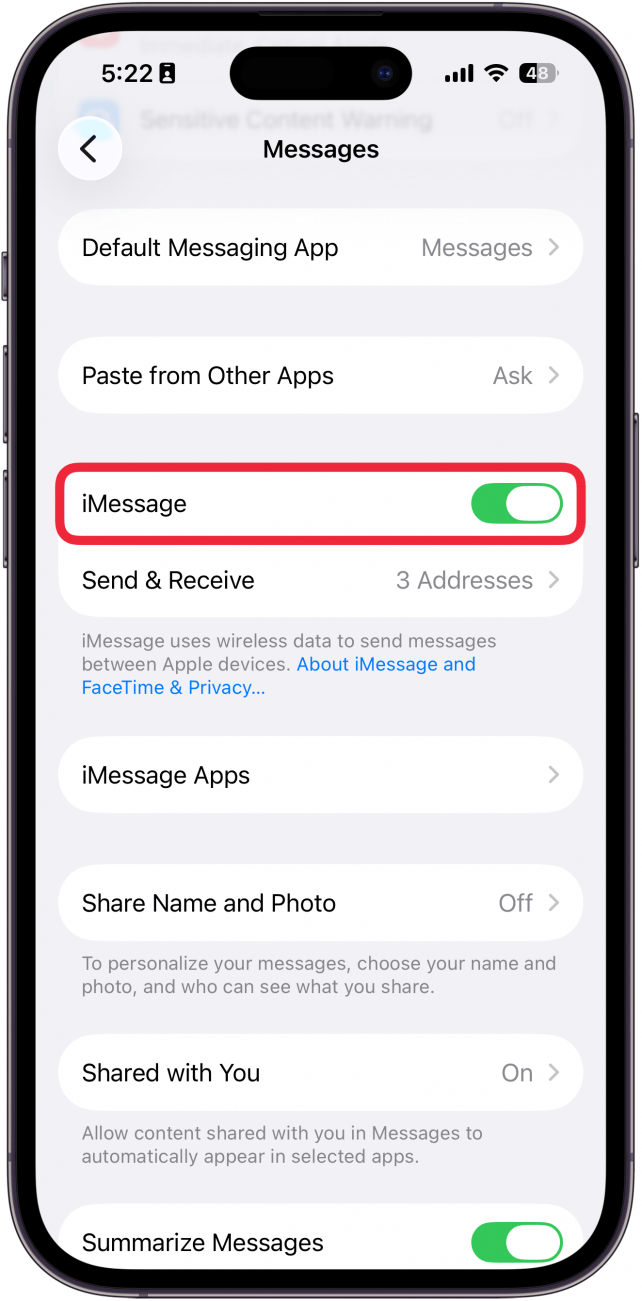 a screenshot of iphone messages app settings with a red box around imessage toggle