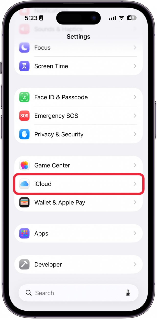 a screenshot of iphone settings app with a red box around icloud
