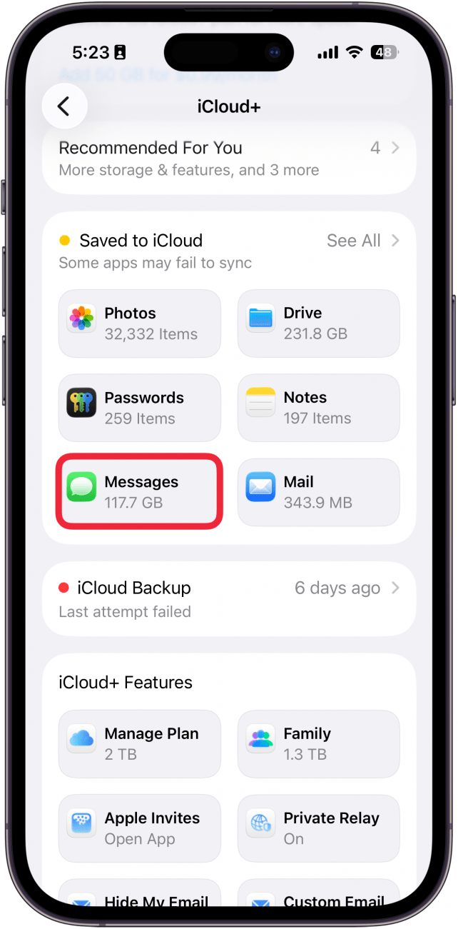 a screenshot of iphone icloud settings with a red box around messages