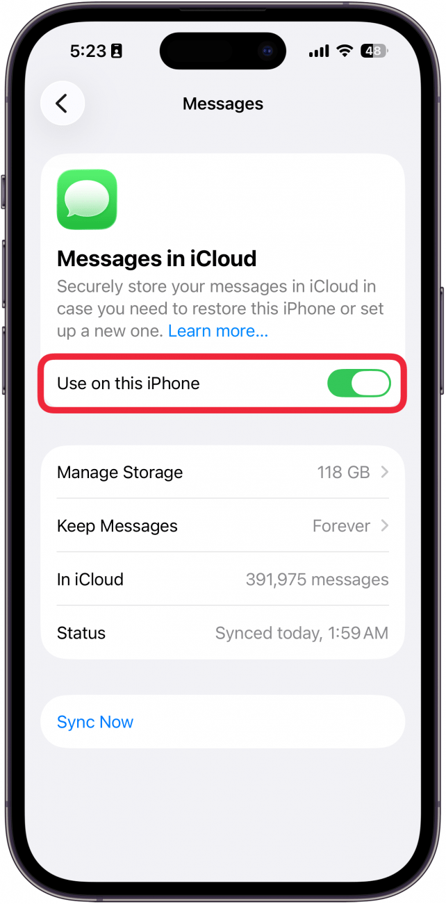a screenshot of iphone messages in icloud settings with a red box around use on this iphone toggle