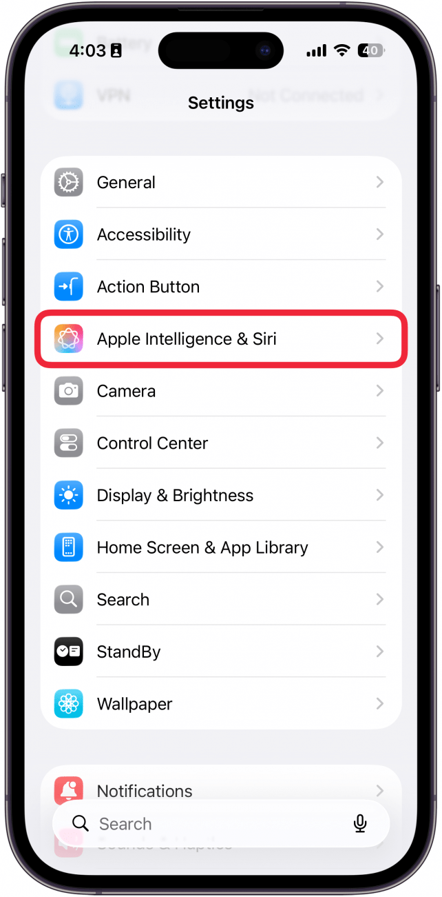 a screenshot of the iphone settings app with a red box around apple intelligence & siri