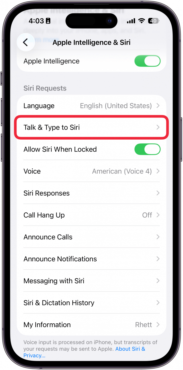 a screenshot of the siri settings on iphone with a red box around talk & type to siri