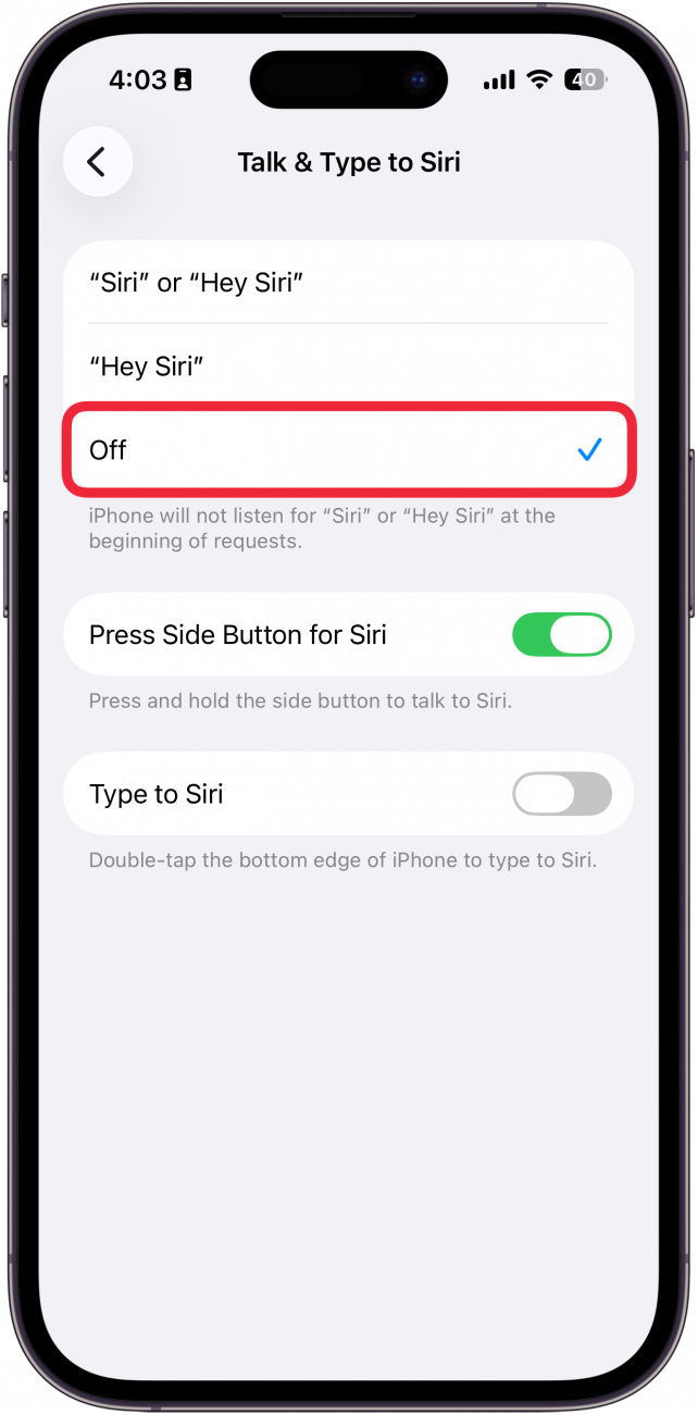 a screenshot of talk to siri settings on iphone with a red box around off