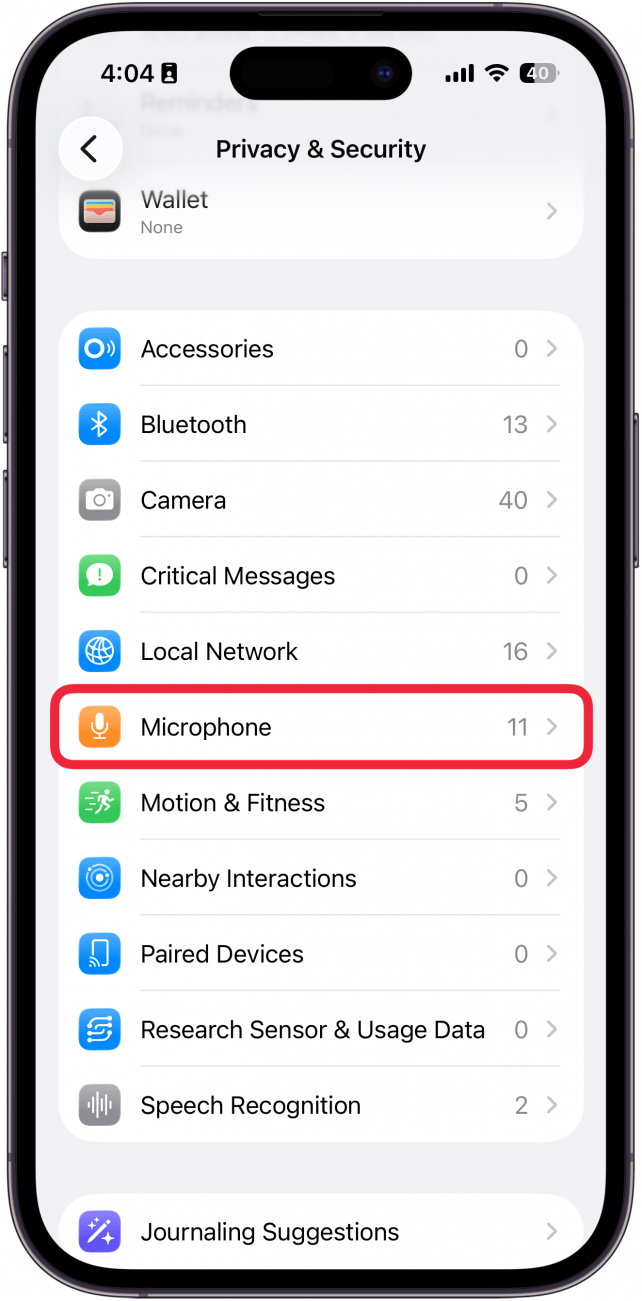 a screenshot of privacy and security settings on iphone with a red box around microphone