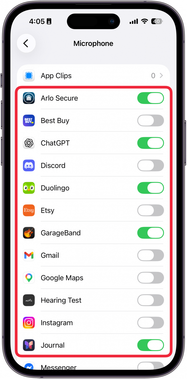 a screenshot of microphone settings on iphone with a red box around a list of apps that have access to the microphone