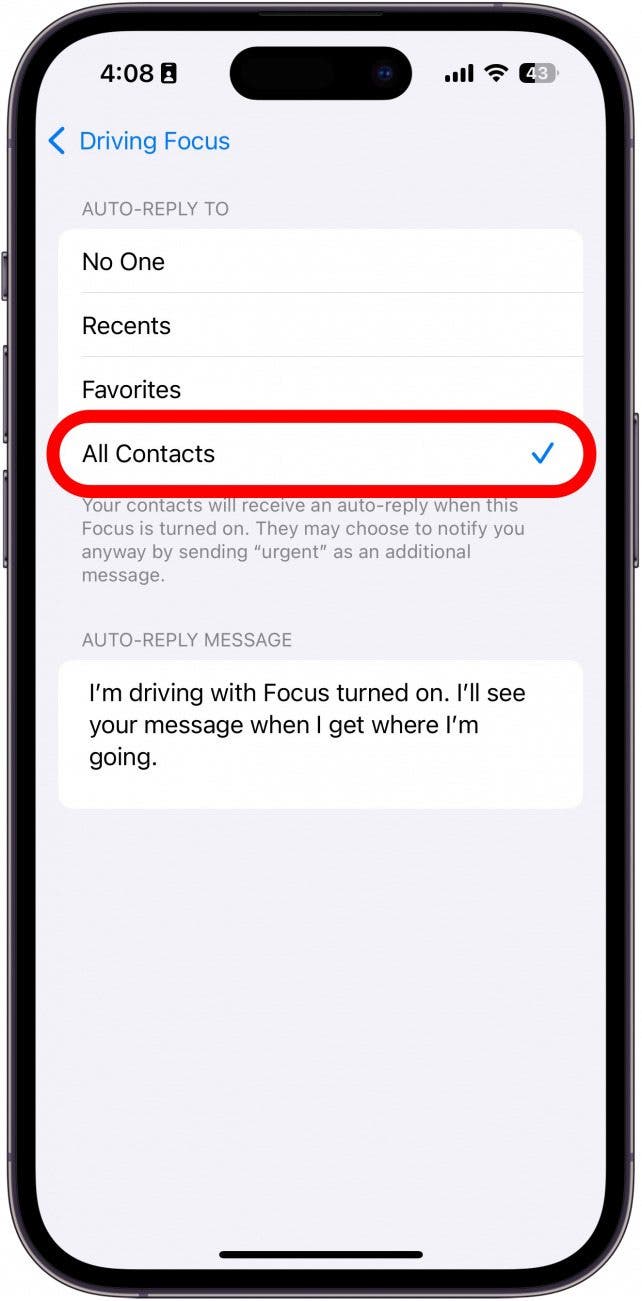 iphone driving focus auto reply settings with a red box around all contacts option