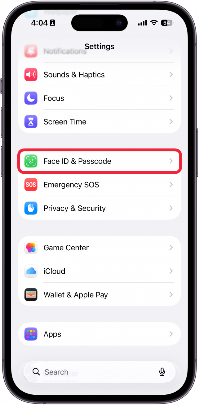 iphone settings app with a red box around face id and passcode