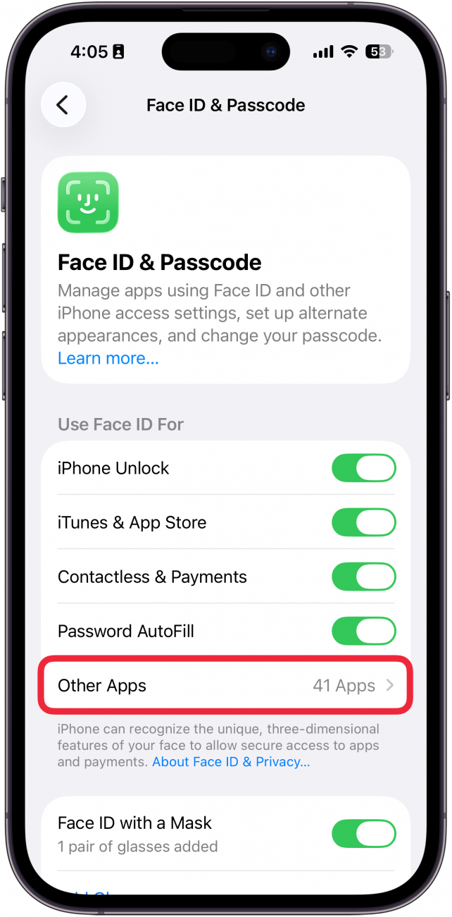 iphone face id and passcode settings with a red box around other apps