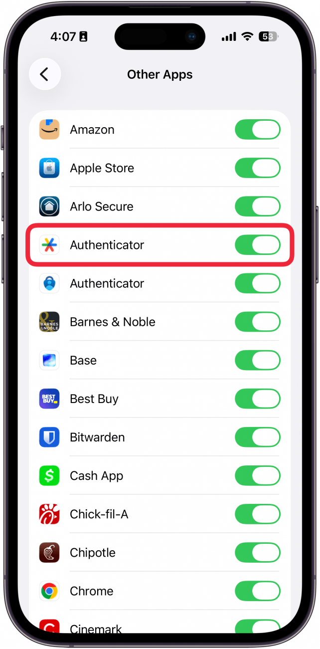 iphone face id for apps settings displaying a list of apps with a red box around one app with a green toggle next to it