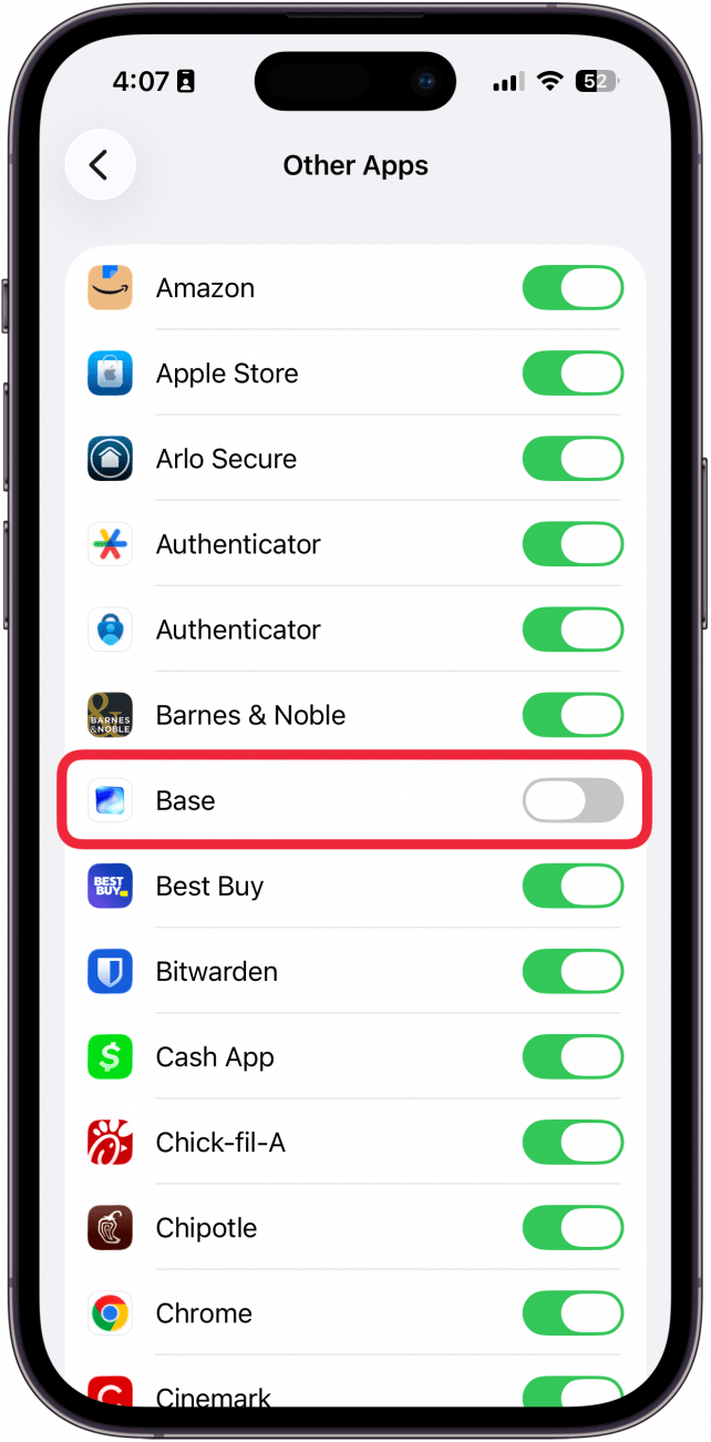 iphone face id for apps settings displaying a list of apps with a red box around one app with a gray toggle next to it
