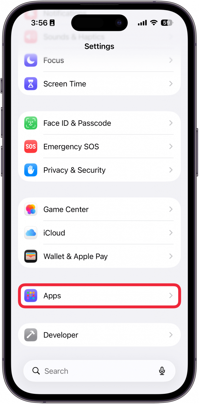 a screenshot of iphone settings app with a red box around apps