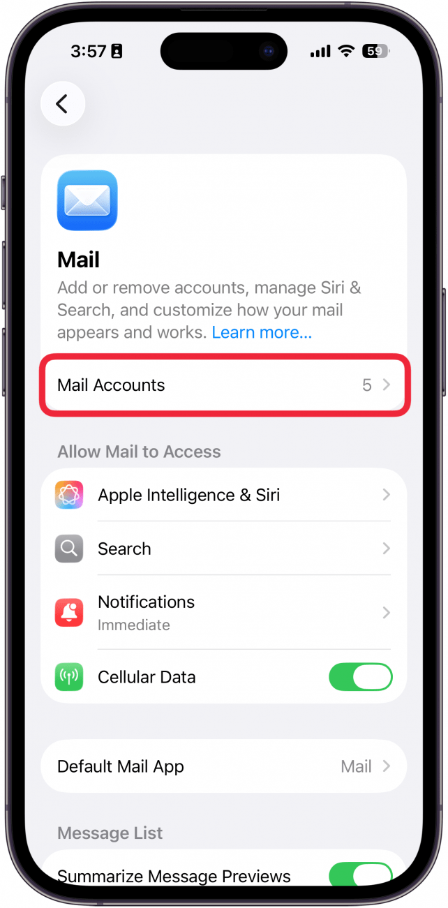 a screenshot of iphone mail app settings with a red box around mail accounts