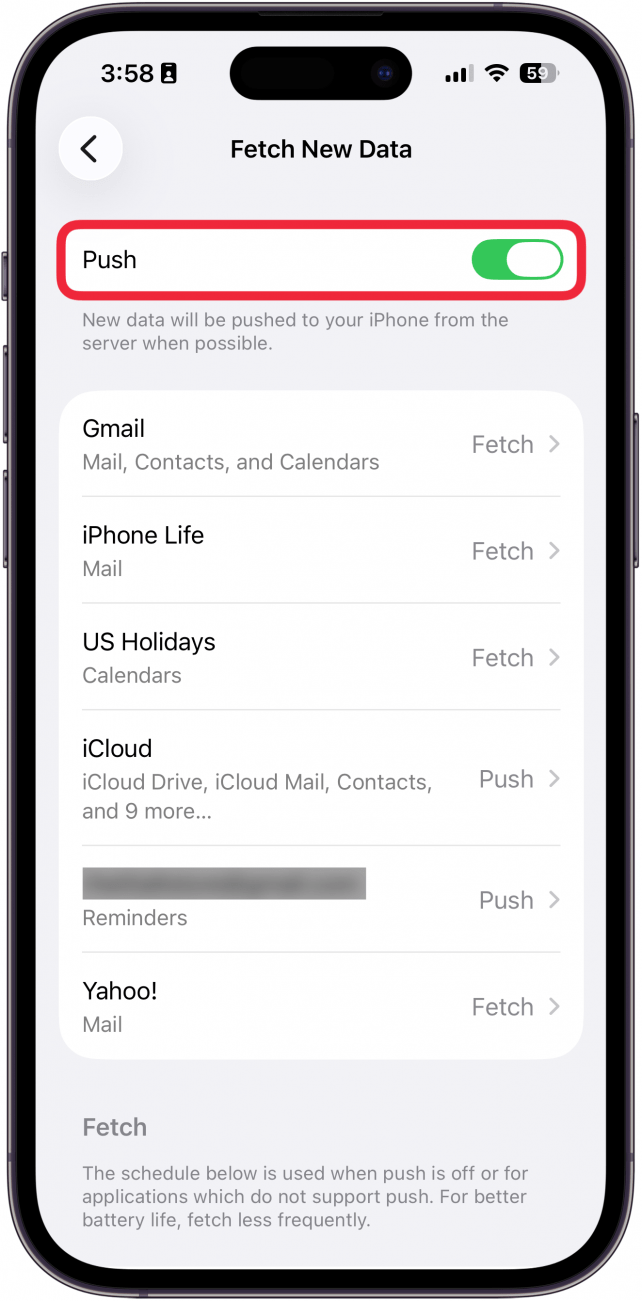 a screenshot of iphone fetch new data settings with a red box around push toggle